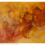 Gente rossa, olio e collage su tela preparata, 120x150 cm